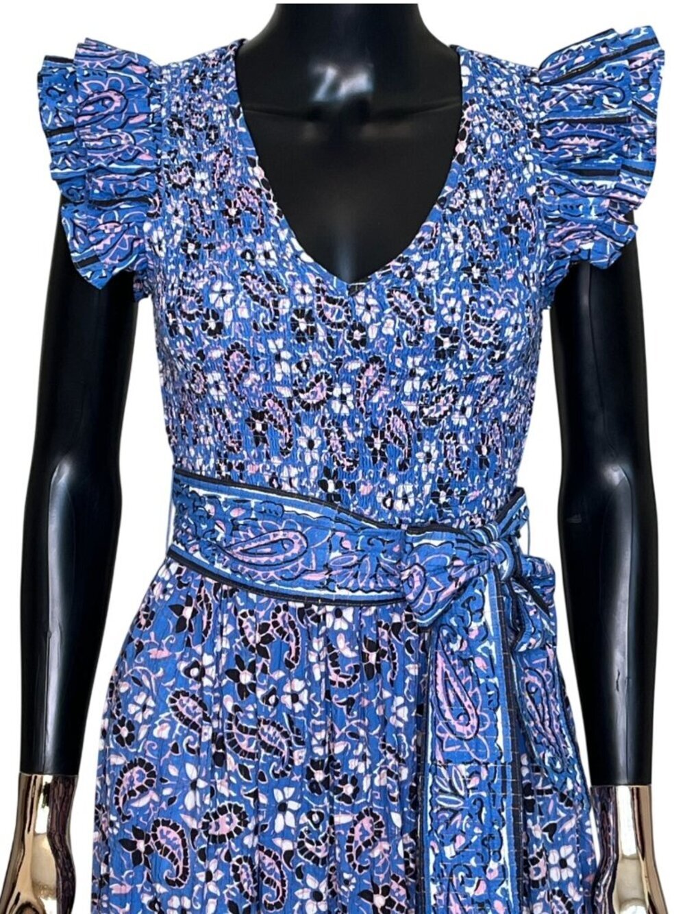 Cleobella Autumn Ruffle Blue Paisley Midi Dress Small Organic Cotton Pockets - Picture 6 of 11